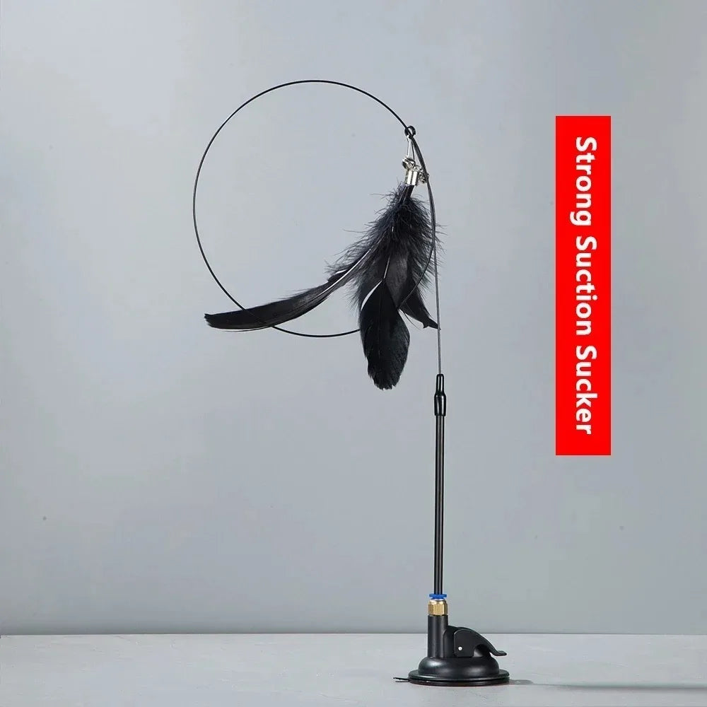 Cat Teaser Toy Cat Teaser Pole with Feather Bell Extended Rod Suction Cup Durable Bite Teaser Stick Replaceable Feather Head