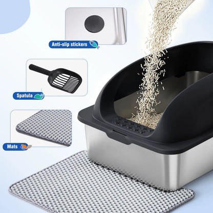 JHK Stainless 24IN Steel Cat Litter Box with Lid Large Cat Litter Box for Big Cats Anti-Urine Leakage Scoop and Mat Included