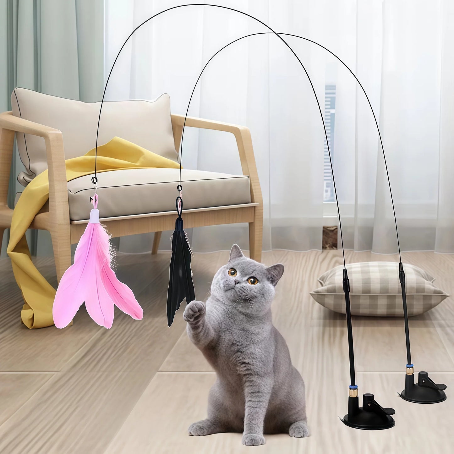 Cat Teaser Toy Cat Teaser Pole with Feather Bell Extended Rod Suction Cup Durable Bite Teaser Stick Replaceable Feather Head