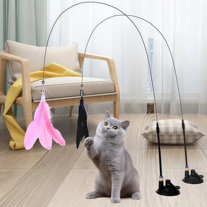 Cat Teaser Toy Cat Teaser Pole with Feather Bell Extended Rod Suction Cup Durable Bite Teaser Stick Replaceable Feather Head