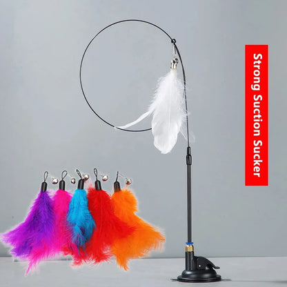 Cat Teaser Toy Cat Teaser Pole with Feather Bell Extended Rod Suction Cup Durable Bite Teaser Stick Replaceable Feather Head
