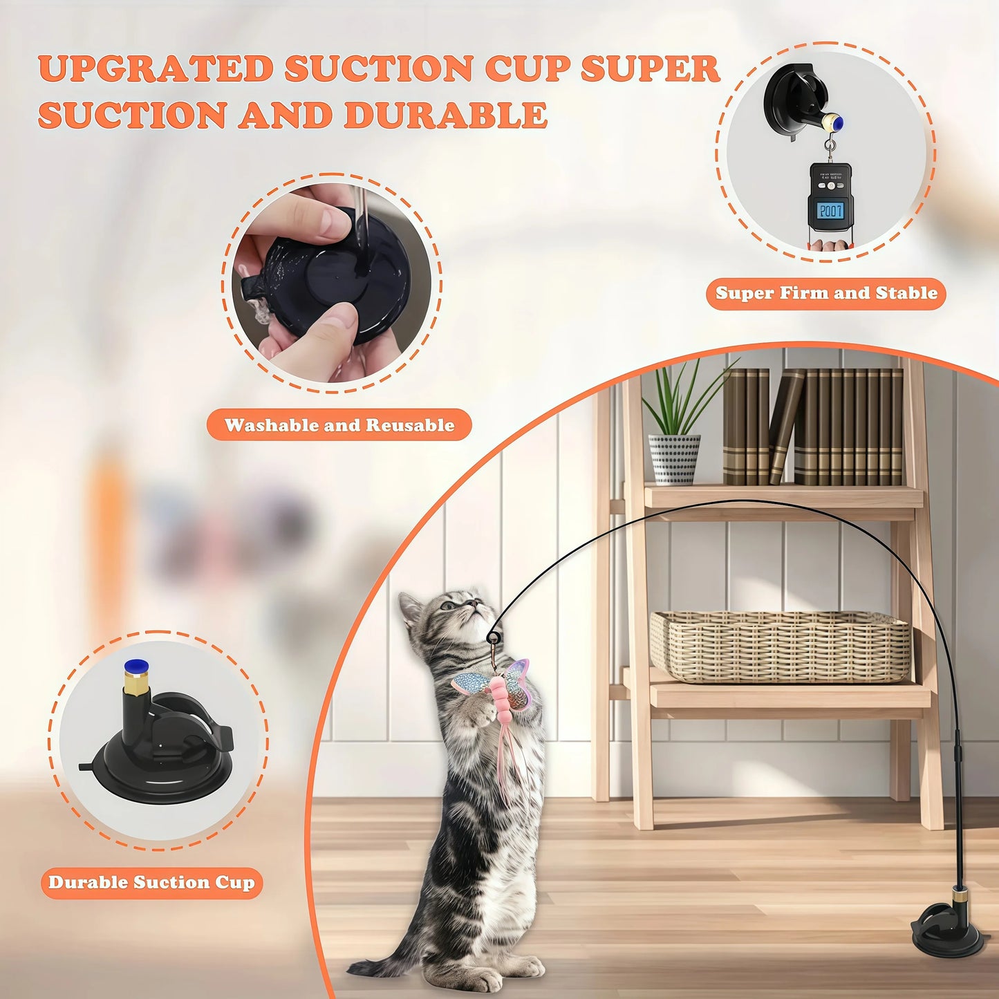 Cat Teaser Toy Cat Teaser Pole with Feather Bell Extended Rod Suction Cup Durable Bite Teaser Stick Replaceable Feather Head