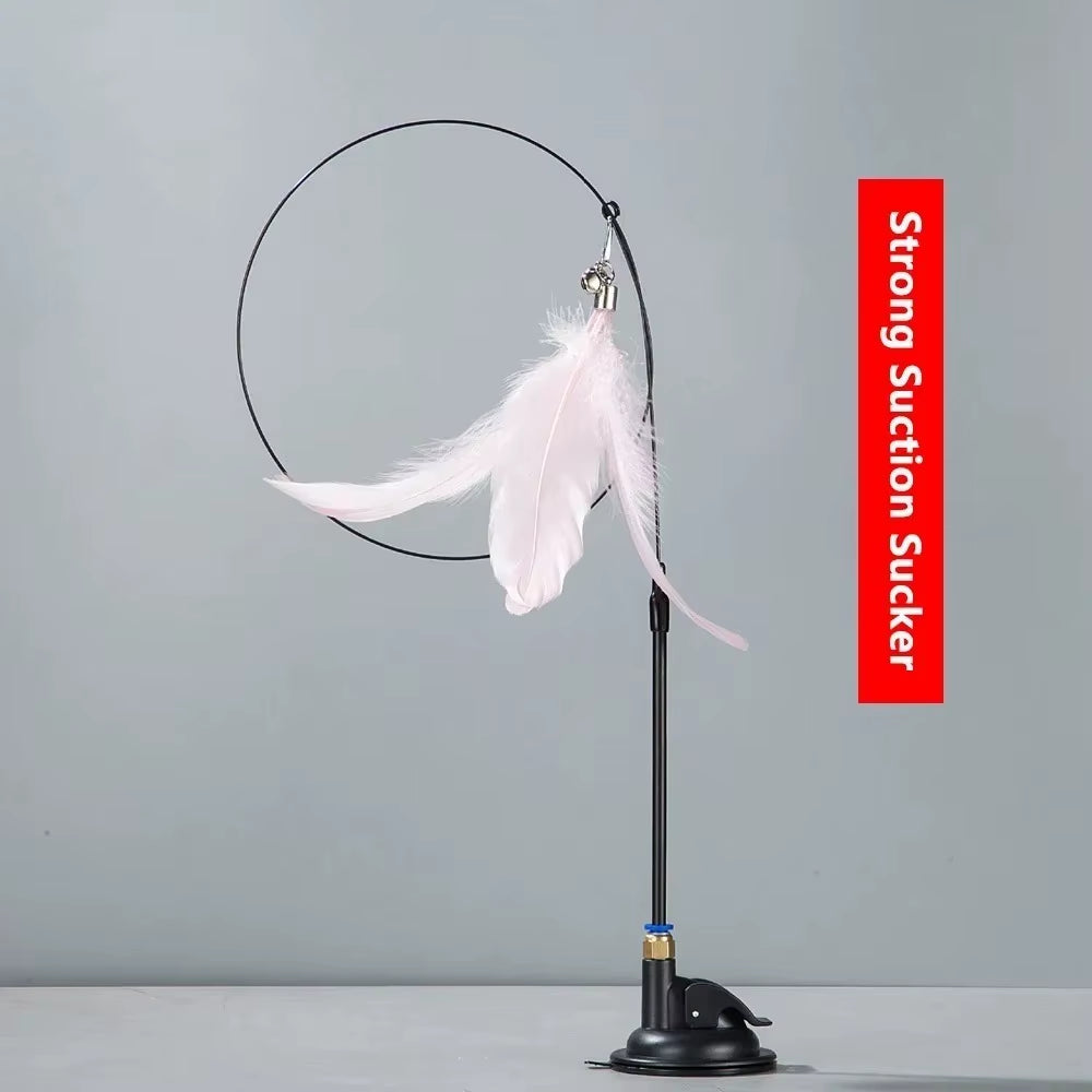 Cat Teaser Toy Cat Teaser Pole with Feather Bell Extended Rod Suction Cup Durable Bite Teaser Stick Replaceable Feather Head