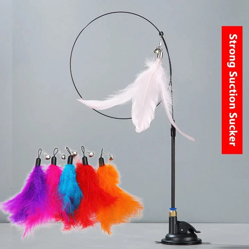 Cat Teaser Toy Cat Teaser Pole with Feather Bell Extended Rod Suction Cup Durable Bite Teaser Stick Replaceable Feather Head