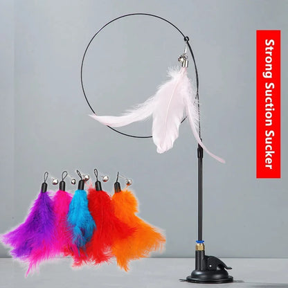 Cat Teaser Toy Cat Teaser Pole with Feather Bell Extended Rod Suction Cup Durable Bite Teaser Stick Replaceable Feather Head