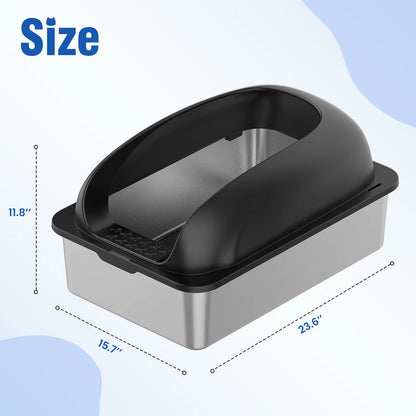 JHK Stainless 24IN Steel Cat Litter Box with Lid Large Cat Litter Box for Big Cats Anti-Urine Leakage Scoop and Mat Included