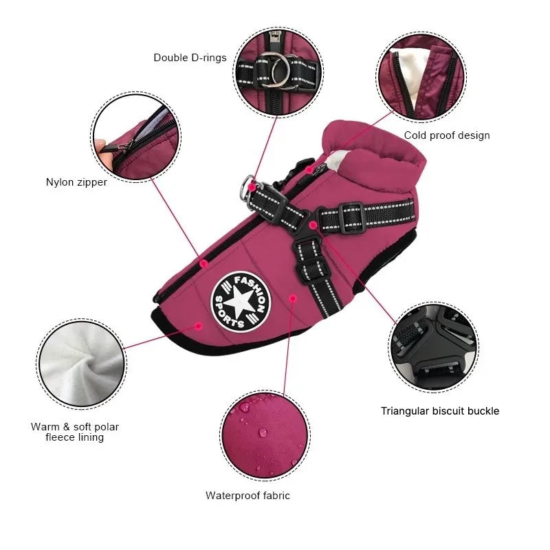 Large Pet Dog Jacket with Harness Winter Warm Dog Clothes for Labrador Waterproof Big Dog Coat Chihuahua French Bulldog Outfits
