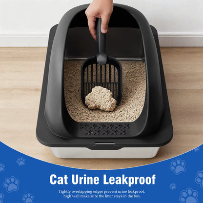 JHK Stainless 24IN Steel Cat Litter Box with Lid Large Cat Litter Box for Big Cats Anti-Urine Leakage Scoop and Mat Included