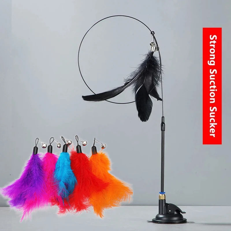 Cat Teaser Toy Cat Teaser Pole with Feather Bell Extended Rod Suction Cup Durable Bite Teaser Stick Replaceable Feather Head